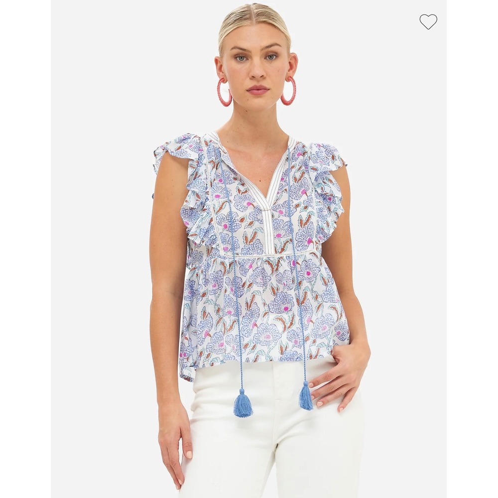 Oliphant Flirty Tie Hand Block Print Silk Cotton Top Size Medium